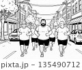 街中を走る太った男性たちの線画イラスト（ダイエット・塗り絵） 135490712