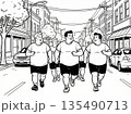 街中を走る太った男性たちの線画イラスト（ダイエット・塗り絵） 135490713