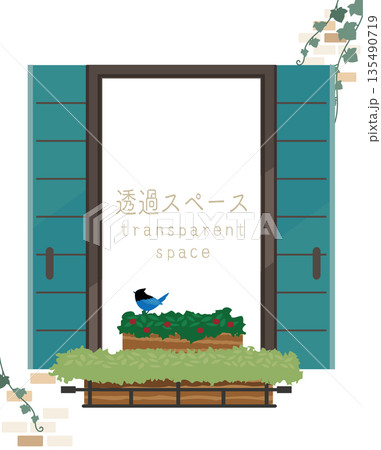 窓のフレーム素材:青い小鳥とプランター、透過スペースのある窓辺 窓のフレーム素材:青い小鳥とプランター、透過スペースのある窓辺 135490719