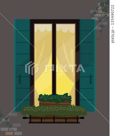 夜の静寂と温かい室内灯が灯る窓辺のイラスト 夜の静寂と温かい室内灯が灯る窓辺のイラスト 135490722