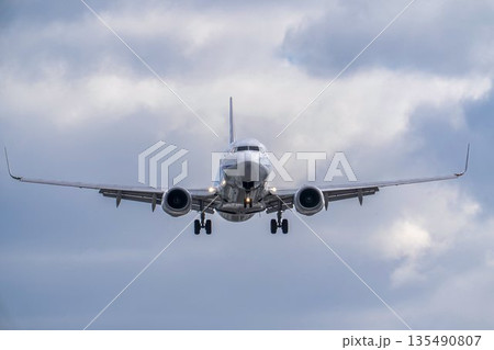 冬の大阪空港（伊丹空港）　着陸中の飛行機　大阪府豊中市 135490807