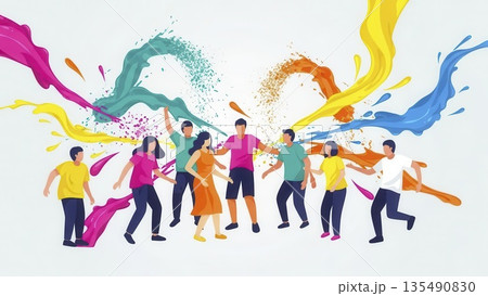 Group of diverse young adults joyfully dancing and throwing vibrant pink, yellow, blue colored powder clouds during Holi festival celebration. Festival of colors concept Group of diverse young adults joyfully dancing and throwing vibrant pink, yellow, blue colored powder clouds during Holi festival celebration. Festival of colors concept 135490830