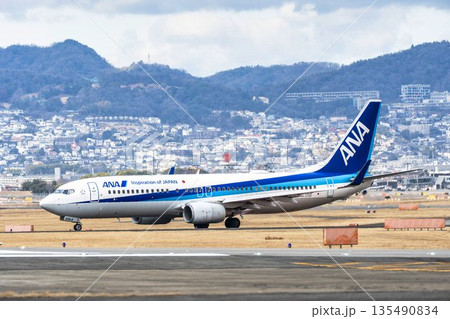 冬の大阪空港（伊丹空港）　タキシング中の飛行機　大阪府豊中市 135490834