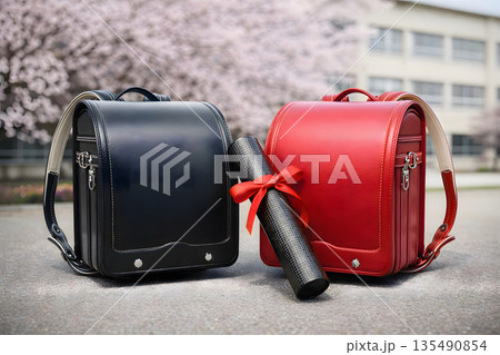 ランドセルと卒業証書で表現する旅立ちの春 ランドセルと卒業証書で表現する旅立ちの春 135490854