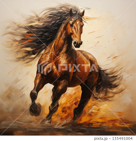 Majestic Brown Horse Galloping Wildly with Flowing Mane in a Dynamic Artistic Painting 135491004