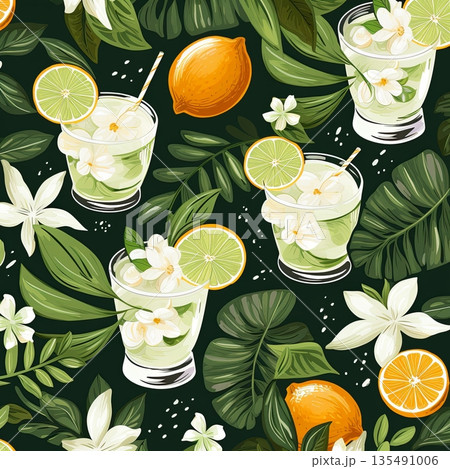 Refreshing Tropical Escape Seamless Pattern of Citrus Cocktails and Lush Foliage Design 135491006