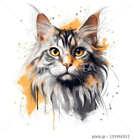 Majestic Maine Coon Cat Portrait with Watercolor Splashes, Intense Gaze, and Striking Details 135491011