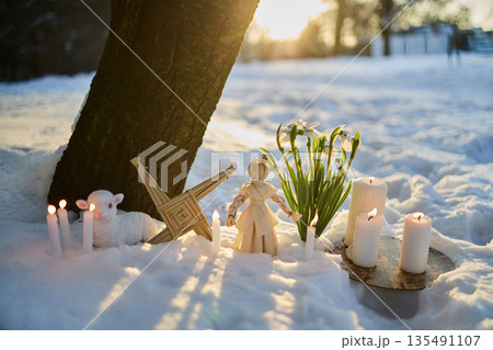 Imbolc altar celebrating brigid with lamb and snowdrops Imbolc altar celebrating brigid with lamb and snowdrops 135491107