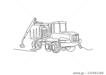 Continuous one line drawing large agricultural transport or utility vehicle. Multi-wheel chassis, functional cargo or processing body for industrial use. Single line design vector graphic illustration Continuous one line drawing large agricultural transport or utility vehicle. Multi-wheel chassis, functional cargo or processing body for industrial use. Single line design vector graphic illustration 135491169