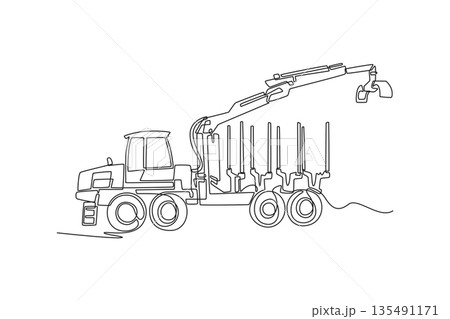 Continuous one line drawing heavy forestry or logging truck equipped with crane arm. Industrial timber transport, large-scale forestry operations. Single line draw design vector graphic illustration 135491171