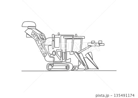 Continuous one line drawing sugarcane harvester or similar track-mounted industrial farm machine. Modern agricultural engineering, automation theme. Single line draw design vector graphic illustration 135491174