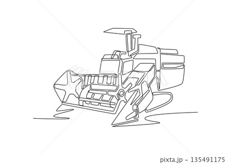 Continuous one line drawing specialized harvesting machine, rice, small-grain combine. Intricate front processing unit, precision farming equipment. Single line draw design vector graphic illustration 135491175