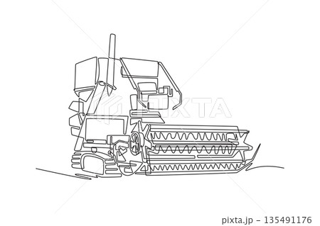 Continuous one line drawing heavy-duty combine harvester. Scale of industrial harvesting equipment, efficiency, productivity commercial agriculture. Single line draw design vector graphic illustration 135491176