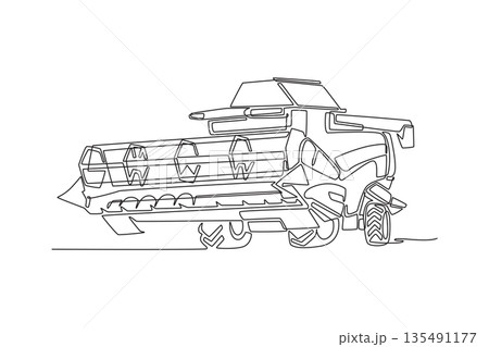 Single continuous line drawing combine harvester, industrial farming. Complex grain tank, agricultural efficiency and large-scale harvesting operation. One line draw graphic design vector illustration 135491177
