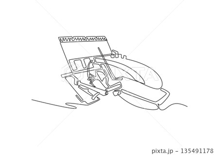 Single continuous line drawing specialized agricultural machine, sprayer or field maintenance vehicle. Unique shape chassis and mechanical components. One line draw graphic design vector illustration 135491178