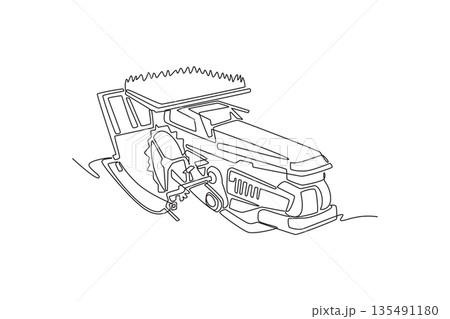 Single continuous line drawing professional industrial agricultural truck, featuring heavy duty harvester machine for modern farming, crop production. One line draw graphic design vector illustration Single continuous line drawing professional industrial agricultural truck, featuring heavy duty harvester machine for modern farming, crop production. One line draw graphic design vector illustration 135491180