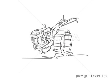 Single one line drawing a heavy-duty two-wheel tractor or power tiller. Powerful engine and mechanical frame for industrial agriculture. Modern continuous line draw design graphic vector illustration 135491189