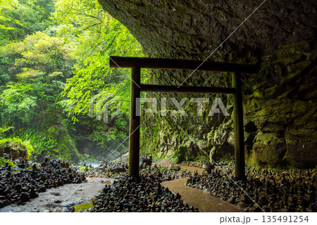 宮崎県 高千穂 天安河原 仰慕ヶ窟に広がる積み石と鳥居の風景 135491254