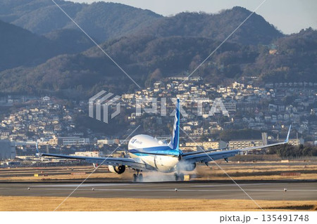 夕方の大阪空港（伊丹空港）　着陸中の飛行機　大阪府豊中市 135491748