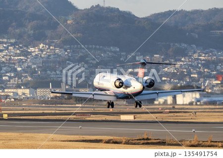 夕方の大阪空港(伊丹空港) 着陸中の飛行機 大阪府豊中市 夕方の大阪空港(伊丹空港) 着陸中の飛行機 大阪府豊中市 135491754