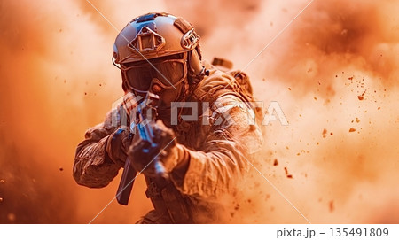 Soldier aiming assault rifle during military operation in desert storm 135491809