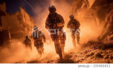 Soldiers running in destroyed city at night Soldiers running in destroyed city at night 135491811