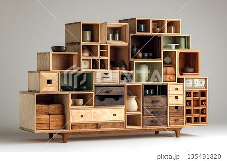 Wooden display cabinet showcasing ceramics and tea ceremony accessories Wooden display cabinet showcasing ceramics and tea ceremony accessories 135491820