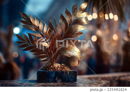 Golden metal leaves decoration shining on marble pedestal in blurred background 135491824