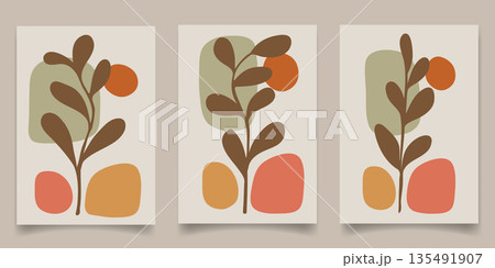 Bohemian wall art designs featuring brown leaf silhouettes and abstract organic shapes in warm earth tones bundle.Vector Illustration Bohemian wall art designs featuring brown leaf silhouettes and abstract organic shapes in warm earth tones bundle.Vector Illustration 135491907