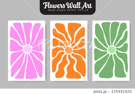Groovy Flower Wall Art Retro Collection 70s 80s Abstract Poster Set.Vector Illustration Groovy Flower Wall Art Retro Collection 70s 80s Abstract Poster Set.Vector Illustration 135491920