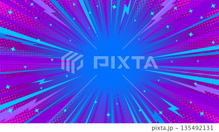 Burst Abstract Pop Art Comic Vector Background with Neon Blue Speed Lines Dynamic Rays, Purple Halftone Texture, Stars Lightning Bolts. Eye Catching Explosion Template. High Energy Bold Manga Effects Burst Abstract Pop Art Comic Vector Background with Neon Blue Speed Lines Dynamic Rays, Purple Halftone Texture, Stars Lightning Bolts. Eye Catching Explosion Template. High Energy Bold Manga Effects 135492131