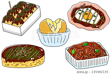 ゆるめシンプル屋台飯セット　ベタ塗り 135492135