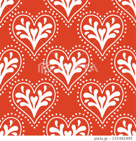 Vector seamless pattern with decorative hearts in a whimsical doodle style. Romantic pink and red design inspired by folk art, perfect for Valentines Day, wrapping paper, textiles, and branding Vector seamless pattern with decorative hearts in a whimsical doodle style. Romantic pink and red design inspired by folk art, perfect for Valentines Day, wrapping paper, textiles, and branding 135492995