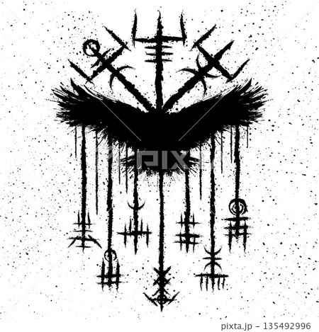 Abstract grunge vegvisir raven silhouette 135492996