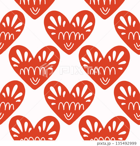 Vector seamless pattern with decorative hearts in a whimsical doodle style. Romantic pink and red design inspired by folk art, perfect for Valentines Day, wrapping paper, textiles, and branding 135492999