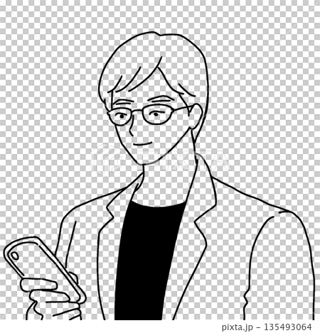 スマホを見ている眼鏡をかけた男性のイラスト(左向き) 135493064