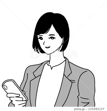 スマホを操作する女性のイラスト(左向き) 135493137