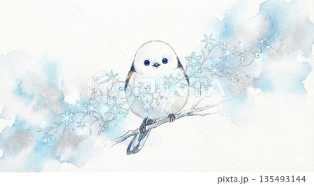 雪の枝にとまるシマエナガの水彩画風イラスト 135493144