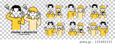 Vector illustration material set of negative young men and women, students and couples holding smartphones 135493155