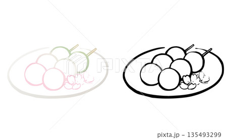 花見団子 桜の季節の和菓子イラスト11 線画 花見団子 桜の季節の和菓子イラスト11 線画 135493299