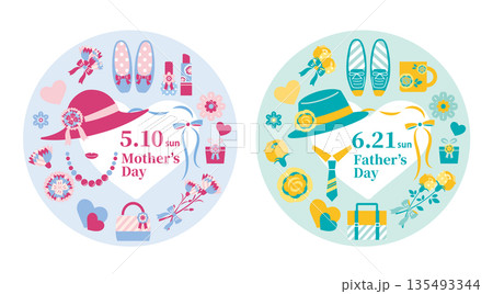 【2026年】母の日・父の日 イラストセット 円形 【2026年】母の日・父の日 イラストセット 円形 135493344