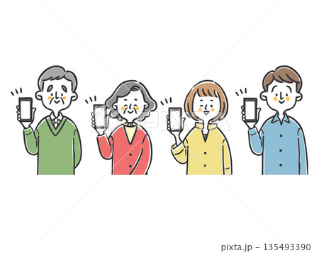 スマホを持つ家族二世代 上半身 ベクター スマホを持つ家族二世代 上半身 ベクター 135493390