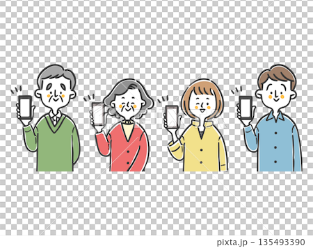 Two generations of family with smartphones, upper body, vector Two generations of family with smartphones, upper body, vector 135493390