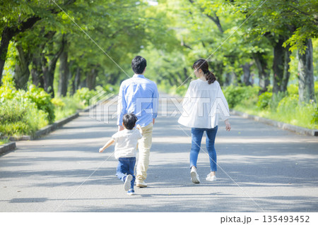 新緑の公園を歩く家族   　  135493452