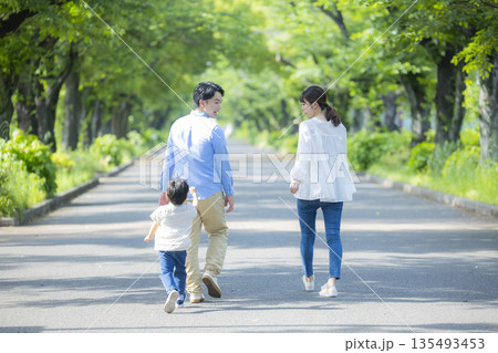 新緑の公園を歩く家族   　  135493453