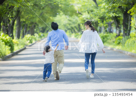 新緑の公園を歩く家族   　  135493454