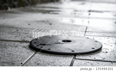 Round Industrial Drain Cover on Concrete Round Industrial Drain Cover on Concrete 135494101