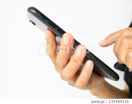 Hand Woman Hold Phone, she Cellphone Screen Application media Ai generated and Shopping Online with Internet Wifi, Business Technology Communication Lifestyles, Female Touch Monitor Social Medie. 135494118