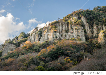 紅葉の岩壁がそそり立つ立久恵峡 島根県出雲市 紅葉の岩壁がそそり立つ立久恵峡 島根県出雲市 135494290