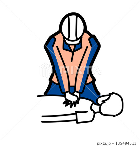 イラスト素材: 心肺蘇生法を行う作業着の男性と倒れている人のベクターイラスト 135494313